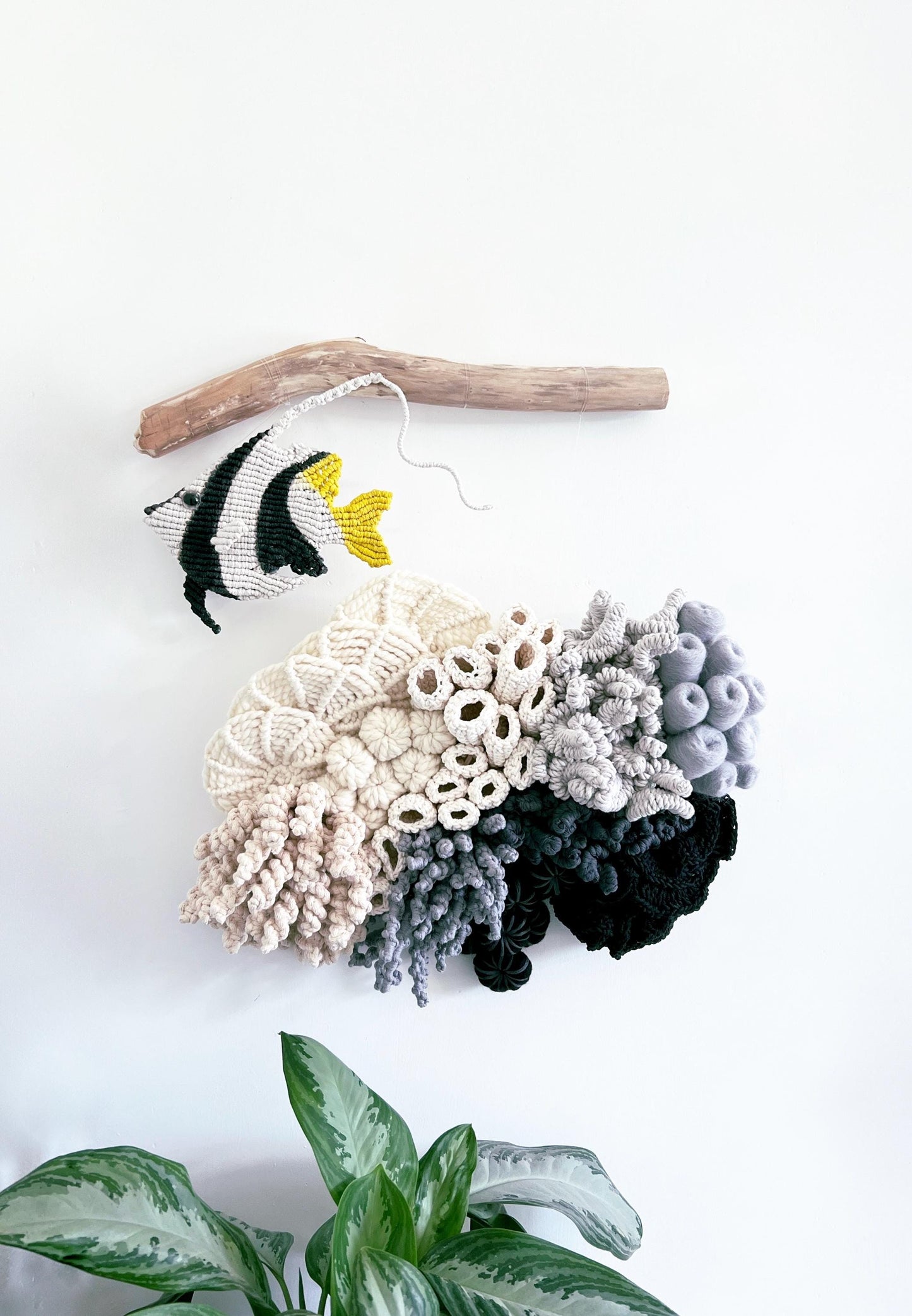 Volume// Butterfly fish Art/ Macrame Art/ Small Beige Macrame Art /Black and white art