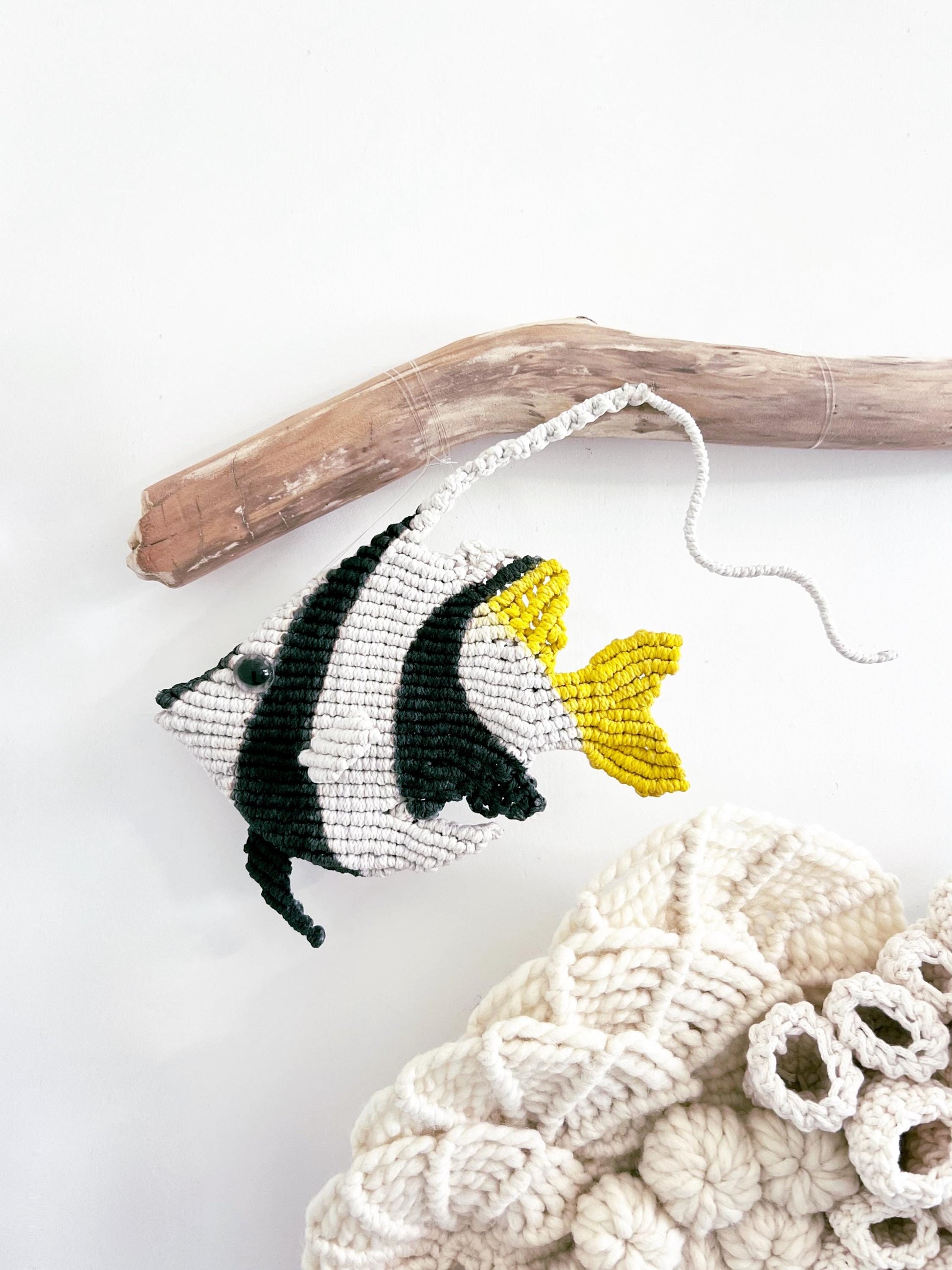 Volume// Butterfly fish Art/ Macrame Art/ Small Beige Macrame Art /Black and white art