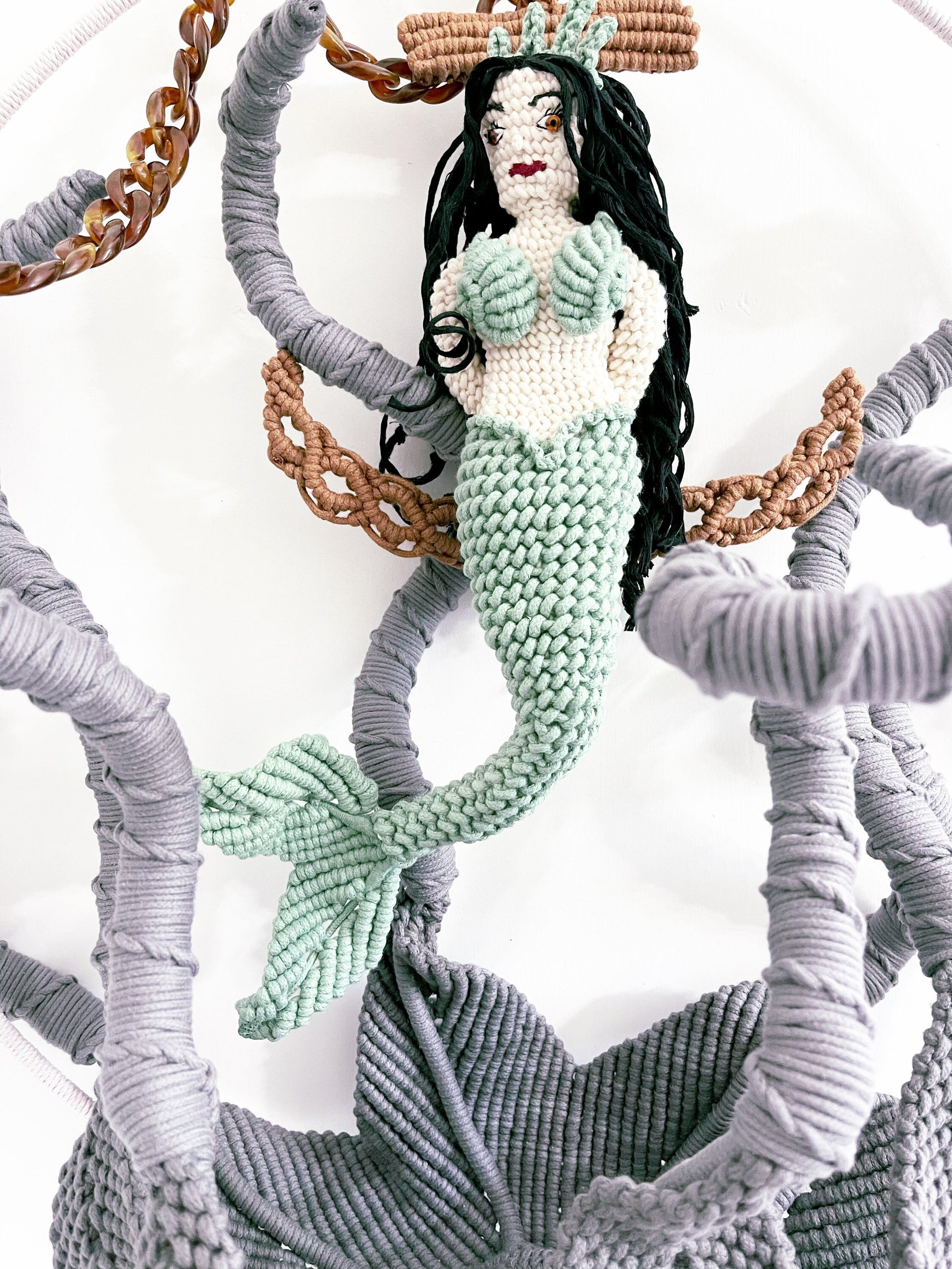 COMMISSION ONLY ART// Custom order/Mermaid with Kraken/Mermaid Art/Macrame Sculpture/ Kraken/Mermaid/Macrame Sculpture